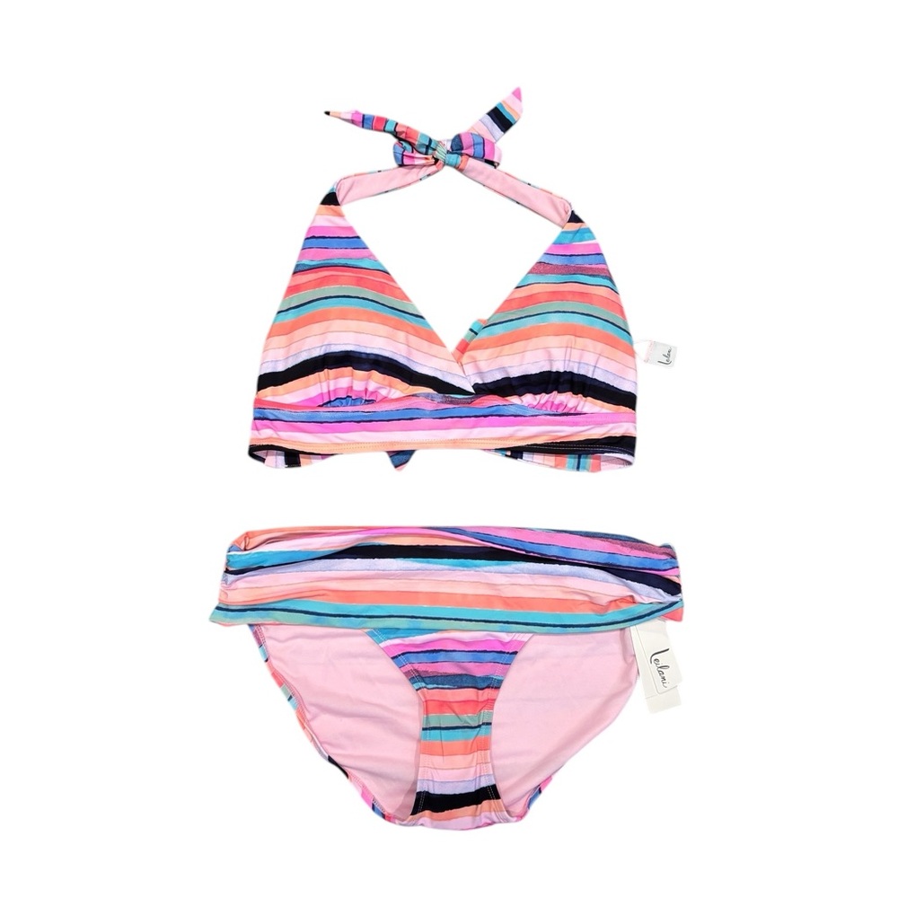 Leilani 2-piece pink-striped swimsuit with halter top/ Size 12. NWT